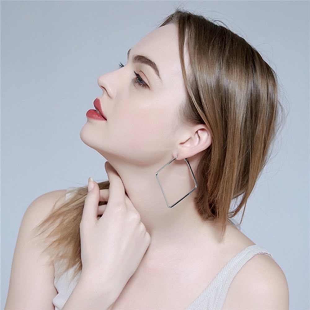 Silver Rhombus Clasp Back Hoop Earrings - Picture 5 of 7